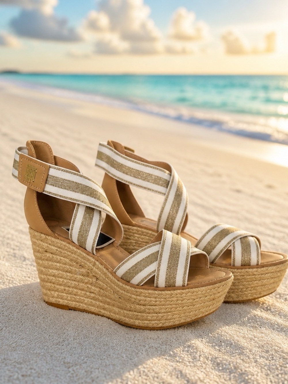 Tommy Hilfiger Tan and White Striped Wedge Espadrilles